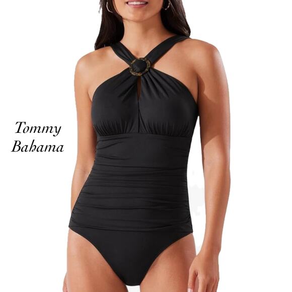 Tommy Bahama Sun Cat Black Over-the-Shoulder High Neck One-Piece NWT Size 16 - Picture 1 of 11